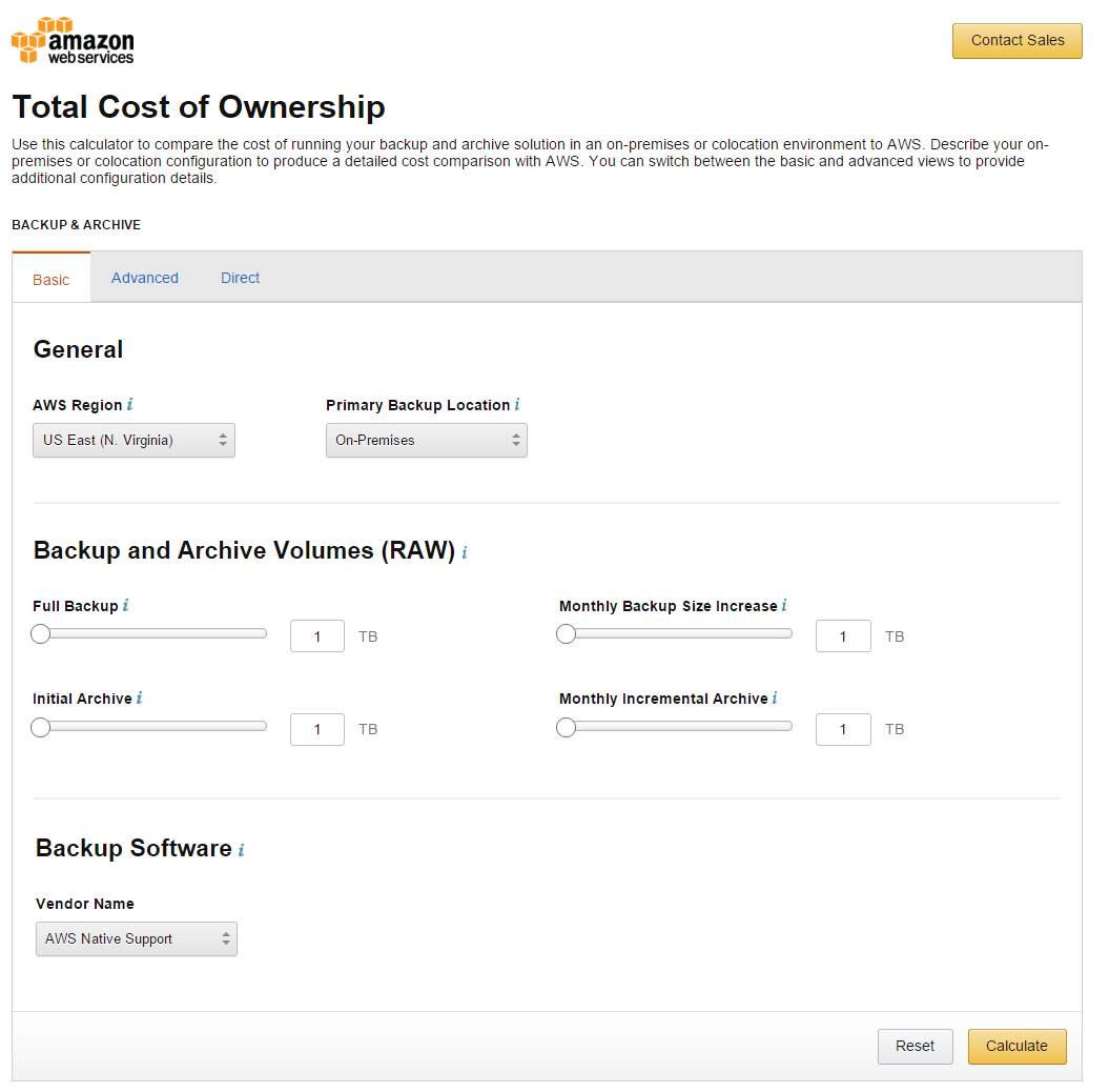 Screenshot of AWS TCO calculator